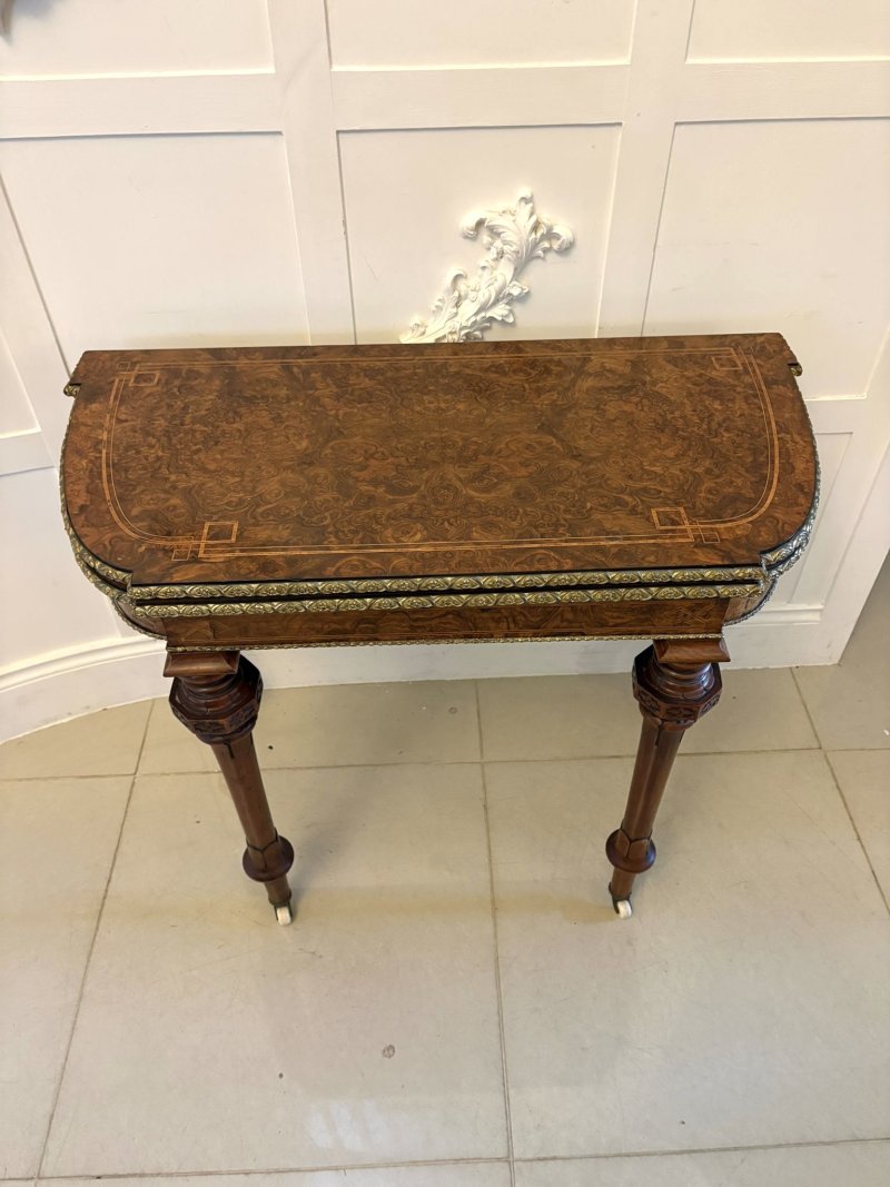 Antique Victorian Burr Walnut Card Console Table with Ormolu Mounts and Inlay - Image 5
